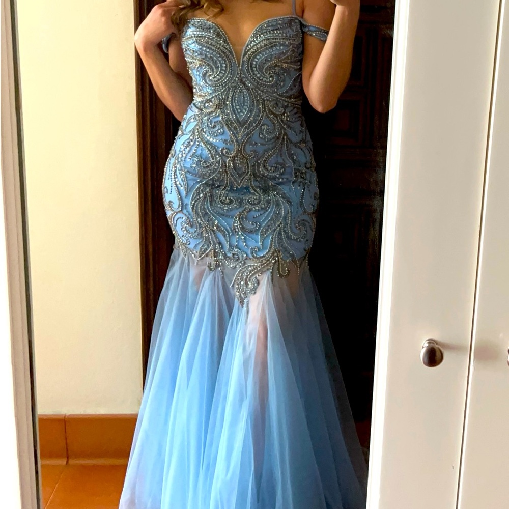 Elegant beaded blue dress, great for prom dress or as wedding guest dress